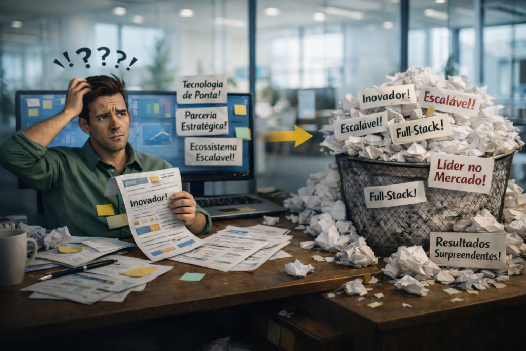 Profissional confuso em escritório moderno, cercado por papéis e conceitos de marketing descartados, representando excesso de promessas sem resultado.