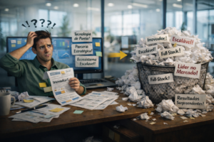 Profissional confuso em escritório moderno, cercado por papéis e conceitos de marketing descartados, representando excesso de promessas sem resultado.