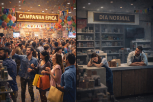 Imagem comparativa de uma mesma loja em dois momentos: à esquerda, uma campanha épica com loja cheia, clima de festa e alto movimento; à direita, a mesma loja em um dia normal, vazia, com funcionários desanimados e baixa movimentação. Ilustrar visualmente o contraste entre picos pontuais de marketing (grandes campanhas) e a realidade cotidiana da marca, reforçando a ideia de que branding não se sustenta apenas em momentos de glamour, mas na consistência diária.