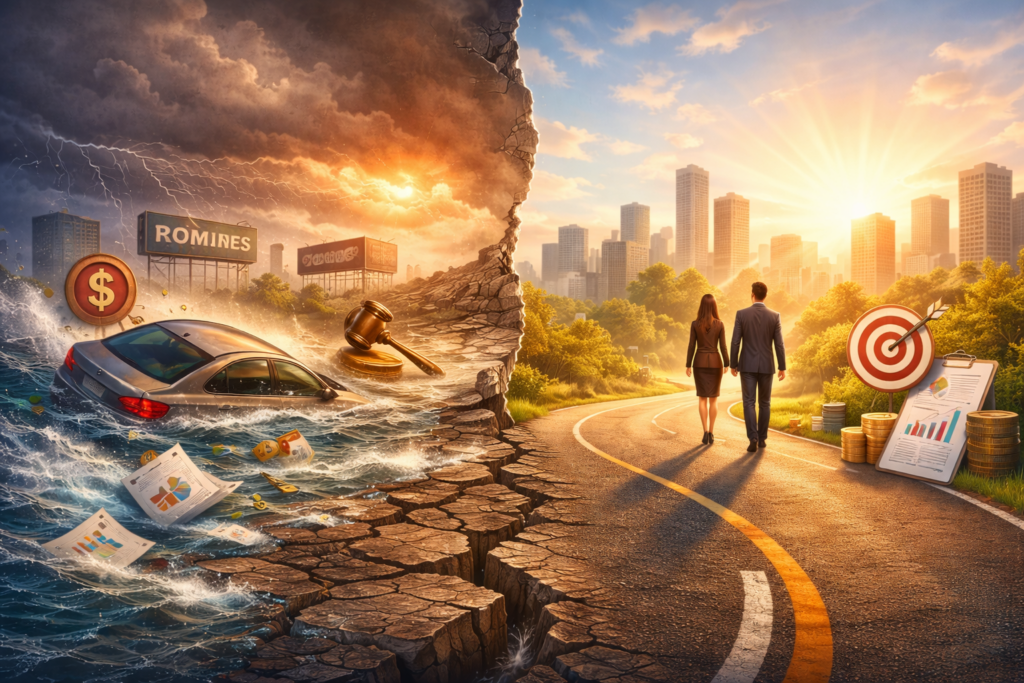 Ilustração conceitual que representa a transição do marketing na proteção veicular, contrastando o discurso inflado do passado com uma abordagem mais madura, estratégica e responsável, baseada em clareza, gestão e alinhamento de expectativas.