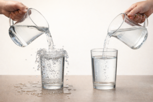 Dois copos sendo preenchidos com água, um transbordando por excesso e outro cheio de forma controlada, representando estratégias de marca baseadas em volume versus consistência