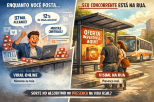 Imagem dividida entre marketing digital e offline: à esquerda, profissional comemora métricas de redes sociais; à direita, casal observa anúncio em ponto de ônibus, simbolizando presença física da marca.