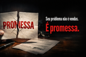 Papel rasgado com a palavra “PROMESSA” quebrada ao meio, simbolizando como promessas exageradas ou incoerentes prejudicam as vendas e a credibilidade da empresa.