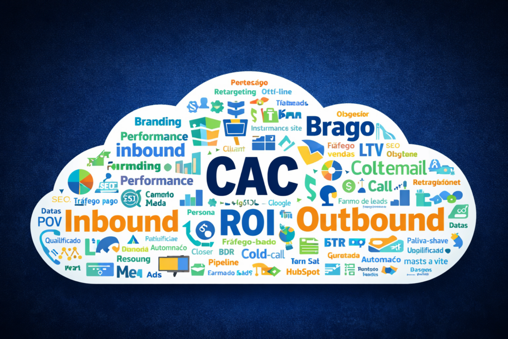 Dicionário de marketing digital com termos como CAC, ROI, inbound, outbound e funil de vendas em nuvem de palavras