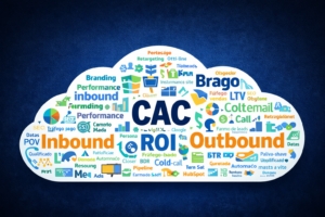 Dicionário de marketing digital com termos como CAC, ROI, inbound, outbound e funil de vendas em nuvem de palavras