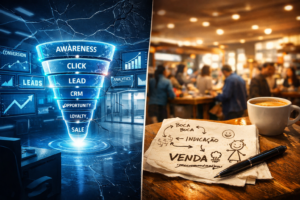 magem dividida em duas partes. À esquerda, um funil de marketing digital futurista, com gráficos e telas analíticas, aparece sobre um fundo trincado, sugerindo falha ou ineficiência. O ambiente é tecnológico e frio, sem presença de clientes. À direita, um guardanapo com um rabisco simples de estratégia de vendas está sobre uma mesa, ao lado de uma xícara de café, em um ambiente real com pessoas ao fundo e movimento de consumo. A imagem contrasta um modelo digital complexo que não gera resultados com uma abordagem simples e prática que funciona na vida real.