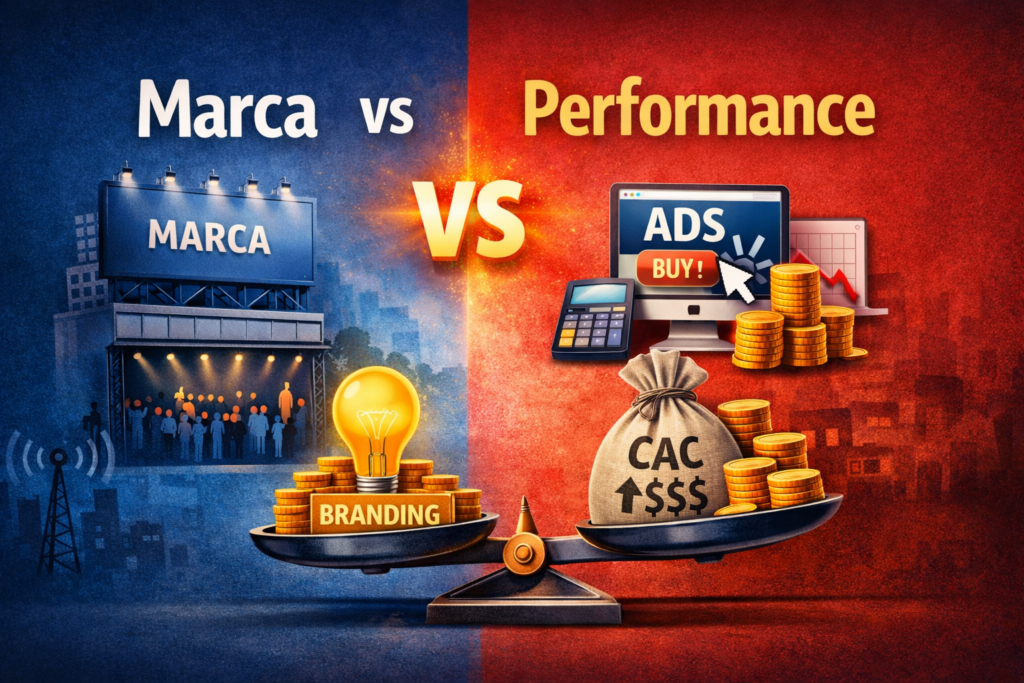 Ilustração comparando marca e performance no marketing, mostrando o impacto do foco em tráfego pago no aumento do custo de aquisição de clientes