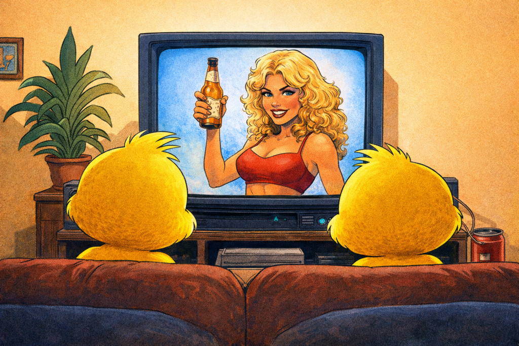 canarinhos assistindo televisão com propaganda de cerveja estilo anos 90 crítica à publicidade moderna e polêmica da seleção brasileira