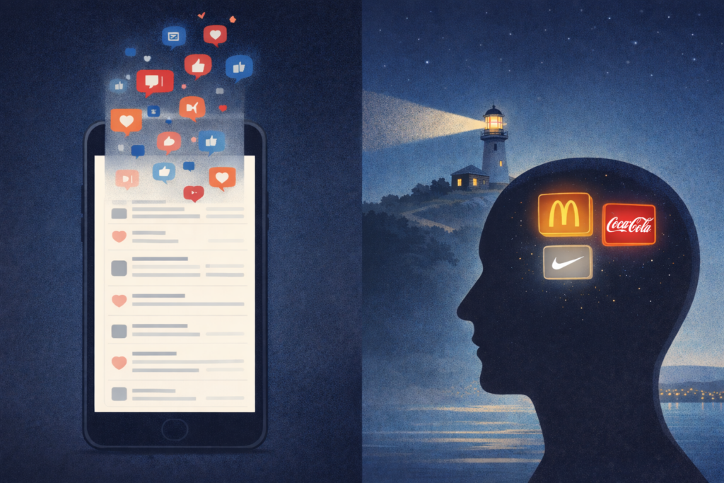 Ilustração conceitual dividida em duas partes: de um lado um celular com feed de redes sociais e ícones de curtidas e comentários subindo rapidamente; do outro, a silhueta de uma cabeça humana voltada para um farol iluminando o horizonte, com marcas conhecidas representando presença na memória.