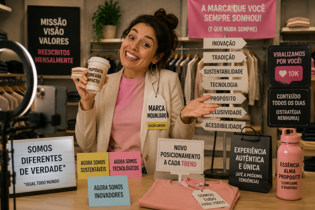 Empresária sorrindo para uma câmera de redes sociais em uma loja de varejo cercada por placas com tendências de marketing, posicionamentos contraditórios e mensagens sobre inovação, propósito e viralização.