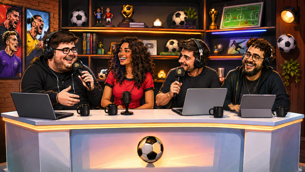 Quatro apresentadores em uma bancada de estúdio esportivo online, usando microfones e fones de ouvido, com decoração de futebol ao fundo.
