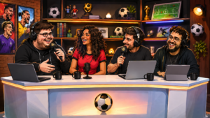 Quatro apresentadores em uma bancada de estúdio esportivo online, usando microfones e fones de ouvido, com decoração de futebol ao fundo.
