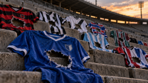 Camisas de futebol fictícias espalhadas em arquibancada, com rasgos no peito onde normalmente ficaria o patrocinador